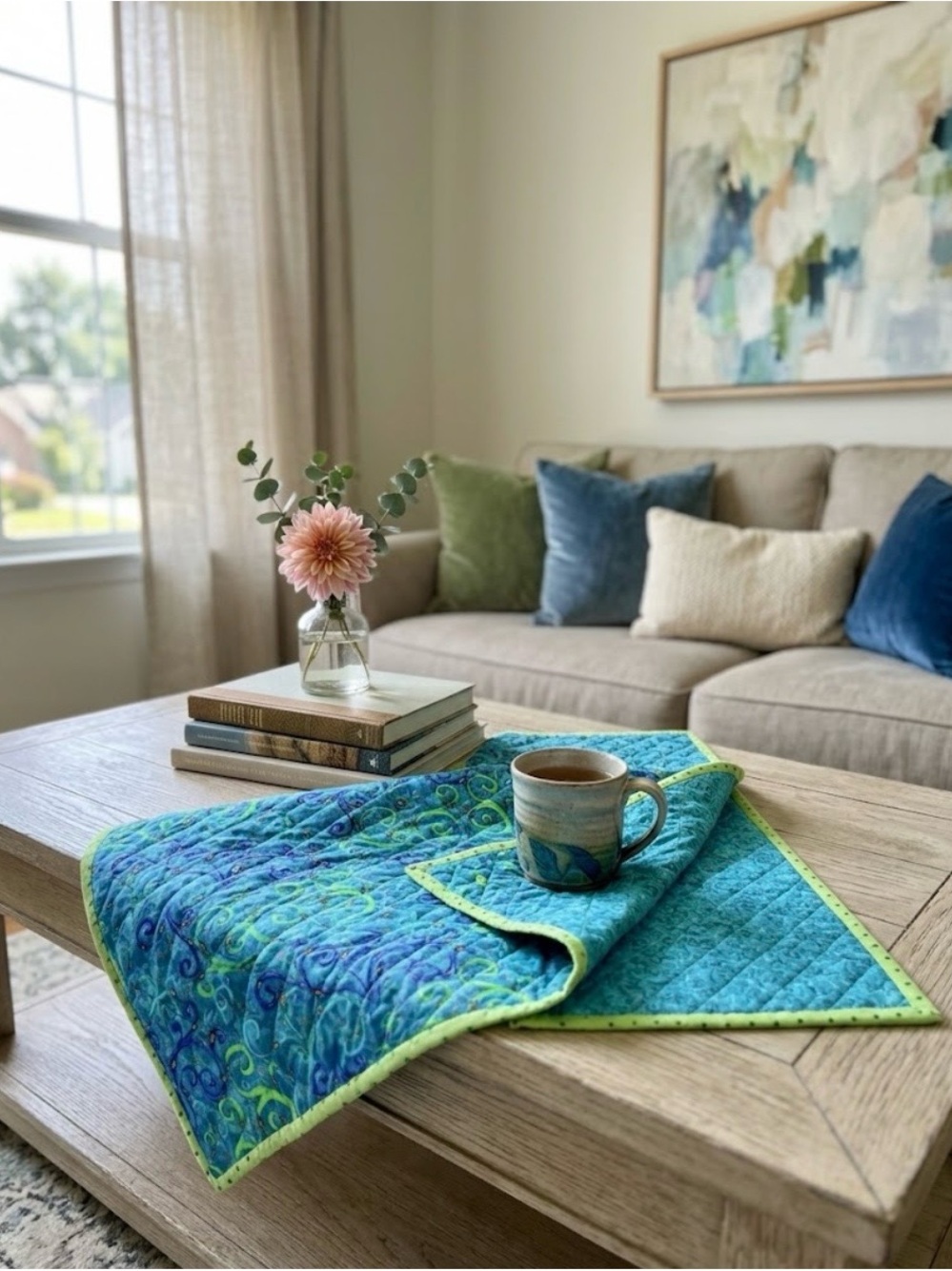 Handmade Quilted Peacock Swirl Mug Rug Table Mat - teal Lime Green Dot Border